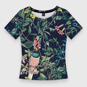 Женская футболка 3D Slim с принтом Цветы и Розовые Птицы В Саду в Екатеринбурге,  |  | flowers | букет | природа | птицы | растение | снегирь | флора | цветы | чиж