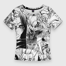 Женская футболка 3D Slim с принтом Доктор Стоун паттерн в Екатеринбурге,  |  | anime | dr. stone | gen asagiri | kohaku | senkuu ishigami | аниме | анимэ | гэн асагири | доктор стоун | кохаку | сэнку исигами | сэнку ишигами