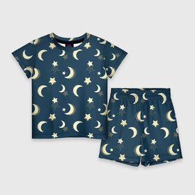 Детский костюм с шортами 3D с принтом Месяц и звезды, паттерн в Екатеринбурге,  |  | звезды | луна | месяц | милый | небо | ночное | ночь | паттерн | пижамный | принт для пижамы | узор