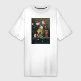Платье-футболка хлопок с принтом Vanitas Still Life (Череп и цветы) в Екатеринбурге,  |  | букет | винтаж | живопись | картина | классика | пейзаж | природа | роза | скелет | цветочный | цветы | череп