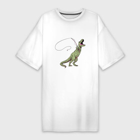 Платье-футболка хлопок с принтом ТИРАННОЗАВР РЫБАК  TYRANNOSAURUS REX FISHERMAN в Екатеринбурге,  |  | dino | dinosaur | fishing pole | saurus | trex | tyrrant | динозавр | для рыбака | прикол | рыбачит | с удочкой | ти рекс | тиранозавр | тирекс | удочка | юмор