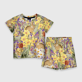 Детский костюм с шортами 3D с принтом Цветы Нарциссы и Зайцы в Екатеринбурге,  |  | flowers | букет | зайци | нарциссы | природа | растение | флора | цветы