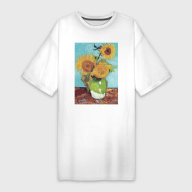 Платье-футболка хлопок с принтом Vase with Three Sunflowers (Подсолнухи) в Екатеринбурге,  |  | букет | ваза | ван гог | винтаж | живопись | картина | классика | пейзаж | подсолнух | природа | цветы