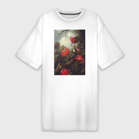 Платье-футболка хлопок с принтом Hummingbird and Passionflowers (Колибри на ветке) в Екатеринбурге,  |  | букет | винтаж | джунгли | живопись | картина | классика | колибри | пейзаж | природа | тропики | цветы