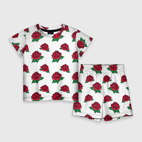 Детский костюм с шортами 3D с принтом Цветы Красные Розы На Белом Фоне в Екатеринбурге,  |  | flowers | букет | природа | растение | роза | розы | флора | цветы