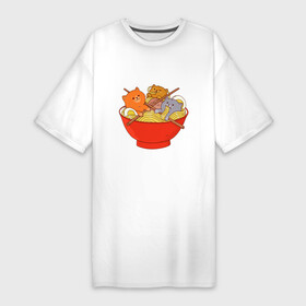 Платье-футболка хлопок с принтом THREE CATS EATING NOODLES в Екатеринбурге,  |  | spaghetti | вкусная | домашние животные | еда | лапша | любимая | спагетти | чашка