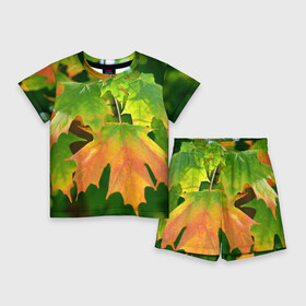 Детский костюм с шортами 3D с принтом кленовый лист в Екатеринбурге,  |  | зеленый | камуфляж | канада | клен | кленовый лист | лес | лето | лист | маскировка | ростислав удача