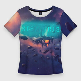 Женская футболка 3D Slim с принтом Stellaris космический корабль на фоне астероидов в Екатеринбурге,  |  | paradox development studio | paradox interactive | stellaris | галактика | космический корабль | космос | расы | стратегия
