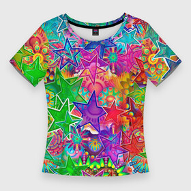 Женская футболка 3D Slim с принтом COLOR STARFALL в Екатеринбурге,  |  | абстракция | желтый | звездопад | звезды | космос | красиво | минимализм | узор | фиолетовый | фон | цвета
