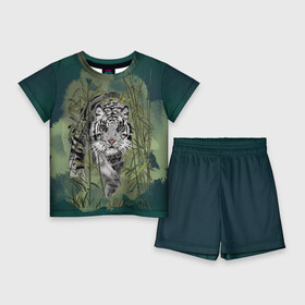 Детский костюм с шортами 3D с принтом Крадущийся белый тигр символ года в Екатеринбурге,  |  | 2022 | амурский тигр | белый тигр | голубоглазый тигр | животное | животное года | зеленый | китайский гороскоп | на зелёном фоне | серый тигр | символ года | тигр