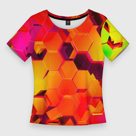 Женская футболка 3D Slim с принтом НЕОНОВЫЕ ГРАДИЕНТНЫЕ 3D гексаэдры в Екатеринбурге,  |  | 3d | 3d неон | 3д | 3д неон | 3д неон желтый | 3д неон оранжевый | броня | желтые принты | киберброня | киберпанк | киберпанк броня | красочные принты | латние принты | неон | неоновые принты