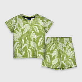 Детский костюм с шортами 3D с принтом Зелёные Тропики Лета в Екатеринбурге,  |  | banana leaves | jungles | leaves | summer | tropics | банановые листья | джунгли | лето | листья | тропики