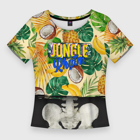 Женская футболка 3D Slim с принтом Тропики Ритм Джунглей  Ананасы Кокосы Бананы в Екатеринбурге,  |  | banana | coconut | jungle | palm | pina colada | pineapple | rhythm | rhytm | rytm | skeleton | summer | welcome to the jungle | банан | бананы | джунгли | листья пальмы | пальма | пипа колада | скелет | скелет человека | тропический рисунок | тропический