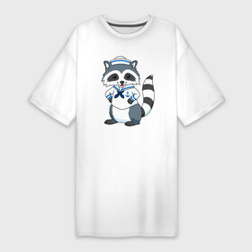 Платье-футболка хлопок с принтом Енотик морячок в Екатеринбурге,  |  | predator | raccoon | raccoon gargle | trash panda | армей | армия | вмф | военно морской флот | енот | енот полоскун | енотик | енотовидная собака | еноты | животное | зверь | мичман | морские силы | моряк | мусорная панда