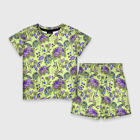 Детский костюм с шортами 3D с принтом Фиолетовые цветы на зеленом фоне в Екатеринбурге,  |  | floral pattern | green | зеленый | фиолетовый | цветочный узор