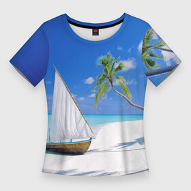 Женская футболка 3D Slim с принтом island of hawaii в Екатеринбурге,  |  | белый песок | остров | пальмы | песок | пляж | ростислав удача