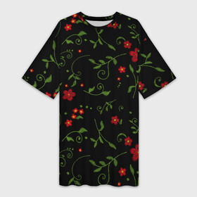 Платье-футболка 3D с принтом Красные цветы на черном фоне эффект вышивки в Екатеринбурге,  |  | вышивка | красные цветы | растительный | цветы | эффект вышивки | яркий