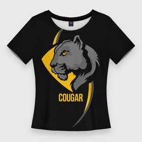 Женская футболка 3D Slim с принтом Cougar  пума в Екатеринбурге,  |  | cat | cougar | emblem | gaze | harsh | predator | wild | взгляд | дикая | кошка | пума | суровый | хищник | эмблема