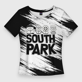 Женская футболка 3D Slim с принтом Южный парк  персонажи и логотип (South Park) в Екатеринбурге,  |  | eric | kenny | kyle | south park | stanley | кайл | кенни | мультфильм | саус парк | сауспарк | сериал | стэн | эрик | южный парк