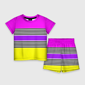 Детский костюм с шортами 3D с принтом Яркие неоновые полосы в сочетании с черно белыми полосками. в Екатеринбурге,  |  | neon stripes | stripes | желтый неоновый | неоноые полосы | полосаты узор | розовый неоновый