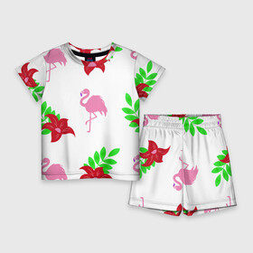 Детский костюм с шортами 3D с принтом Розовый фламинго с цветами в Екатеринбурге,  |  | flamingo | flower | pink | птицы | растения | розовый | тропики | тропический | фламинго | цветы