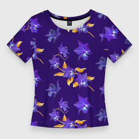 Женская футболка 3D Slim с принтом Цветы Фиолетовые Ирисы На Синем Фоне в Екатеринбурге,  |  | flowers | букет | ирисы | природа | растение | синий | фиолетовый | флора | цветы