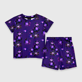 Детский костюм с шортами 3D с принтом Цветы Фиолетовые Гибискус На Синем Фоне в Екатеринбурге,  |  | flowers | букет | гибискус | природа | растение | синий | фиолетовый | флора | цветы