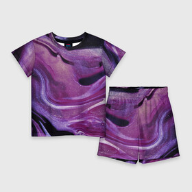 Детский костюм с шортами 3D с принтом Фиолетовая текстура в Екатеринбурге,  |  | блестки | волны | девочкам | девушкам | для девочек | для девушек | краска | разводы | текстура | темная | фиолетовый | флюиды | цветная | частицы