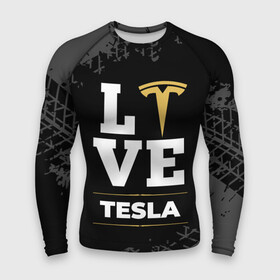 Мужской рашгард 3D с принтом Tesla Love Classic со следами шин на фоне в Екатеринбурге,  |  | auto | brand | logo | love | symbol | tesla | авто | бренд | илон | лого | маск | символ | следы | тесла | шины
