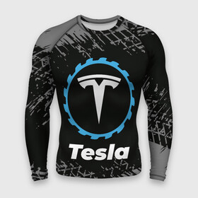 Мужской рашгард 3D с принтом Tesla в стиле Top Gear со следами шин на фоне в Екатеринбурге,  |  | auto | brand | gear | logo | symbol | tesla | top | авто | бренд | гир | илон | лого | маск | символ | следы | тесла | топ | шин | шины