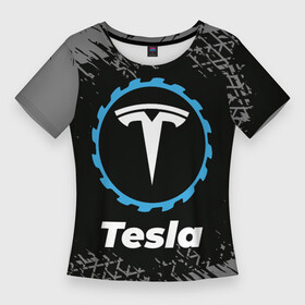 Женская футболка 3D Slim с принтом Tesla в стиле Top Gear со следами шин на фоне в Екатеринбурге,  |  | auto | brand | gear | logo | symbol | tesla | top | авто | бренд | гир | илон | лого | маск | символ | следы | тесла | топ | шин | шины