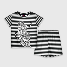 Детский костюм с шортами 3D с принтом Боевой тигр в Екатеринбурге,  |  | вмф | иллюзия | опасный | полосы | тельник | тельняшка | тигр | тигры