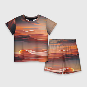 Детский костюм с шортами 3D с принтом Буря в пустыне в Екатеринбурге,  |  | abstraction | bright | dark | desert | horizon | light | nature | sun | sunset | абстракция | горизонт | закат | пейзаж | природа | пустыня | свет | солнце | темная
