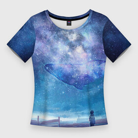 Женская футболка 3D Slim с принтом Девочка и космический кит в звёздном небе в Екатеринбурге,  |  | anime | аниме | анимэ | девочка | звезды | кит | небо | облака | ребенок