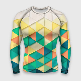Мужской рашгард 3D с принтом Цветные объемные треугольники в Екатеринбурге,  |  | геометрия | объемные | полигональный | полигоны | треугольники | цвета | цветные