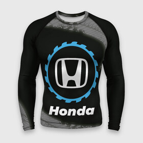 Мужской рашгард 3D с принтом Honda в стиле Top Gear со следами шин на фоне в Екатеринбурге,  |  | Тематика изображения на принте: auto | brand | gear | honda | logo | symbol | top | авто | бренд | гир | лого | символ | следы | топ | хонда | шин | шины