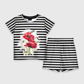 Детский костюм с шортами 3D с принтом Red poppies Акварельные цветы в Екатеринбурге,  |  | poppies | red poppies | watercolor | акварель | красные маки | маки | полосатый | черно белые полосы