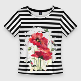 Женская футболка 3D Slim с принтом Red poppies Акварельные цветы в Екатеринбурге,  |  | Тематика изображения на принте: poppies | red poppies | watercolor | акварель | красные маки | маки | полосатый | черно белые полосы