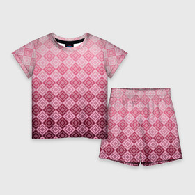 Детский костюм с шортами 3D с принтом Розовый геометрический градиентный узор в Екатеринбурге,  |  | geometric | geometric pink | геомметрический узор | градиент | клетка | розовый