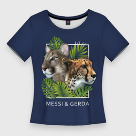 Женская футболка 3D Slim с принтом Messi  Gerda в Екатеринбурге,  |  | гепард | герда | квадрат | кошки | листья | месси | надпись | папоротник | пума