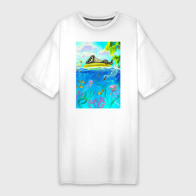 Платье-футболка хлопок с принтом Енот и утки на летнем отдыхе в Екатеринбурге,  |  | водой | водоросли | енот | кораллы | круг | лето | медуза | море | океан | пальмы | плавательный | под | птица | рыбка | утка