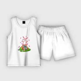 Детская пижама с шортами хлопок с принтом BUNNY PAINTS EGGS в Екатеринбурге,  |  | великий | заяц | кисточка | краски | кролик | праздник | цветные | яйца