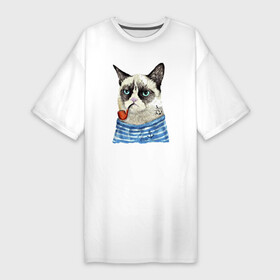 Платье-футболка хлопок с принтом Котяра в тельняшке с трубкой  Grumpy cat  Meme в Екатеринбурге,  |  | anchor | cat | ears | eyes | grumpy cat | meme | muzzle | vest | глаза | котёнок | мем | тельняшка | уши | якорь