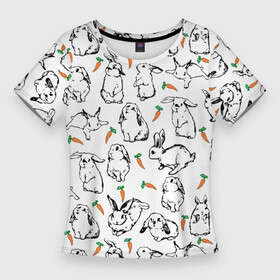 Женская футболка 3D Slim с принтом Зайцы с морковками в Екатеринбурге,  |  | animals | eared | rabbits | small | summer | животные | зайки | зайцы | зайчики | кролики | лето | маленькие | морковки | резвятся | стая зайцев | стая кроликов | ушастые