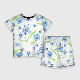 Детский костюм с шортами 3D с принтом Цветы Синие Нарисованные Карандашами в Екатеринбурге,  |  | flowers | summer | букет | лето | нарисованные | природа | растение | флора | цветы