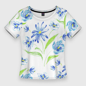 Женская футболка 3D Slim с принтом Цветы Синие Нарисованные Карандашами в Екатеринбурге,  |  | flowers | summer | букет | лето | нарисованные | природа | растение | флора | цветы