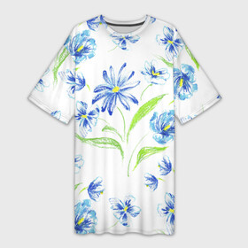Платье-футболка 3D с принтом Цветы Синие Нарисованные Карандашами в Екатеринбурге,  |  | flowers | summer | букет | лето | нарисованные | природа | растение | флора | цветы