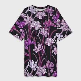Платье-футболка 3D с принтом Цветы Фиолетовые Ирисы в Екатеринбурге,  |  | Тематика изображения на принте: flowers | summer | букет | ирисы | лето | природа | растение | фиолетовый | флора | цветы