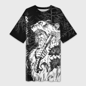 Платье-футболка 3D с принтом Велес славянский бог в Екатеринбурге,  |  | ancient russian | battle axe | bear | bestial god | deity | forest | pagan | veles | warrior | боевой топор | божество | велес | воин | древнерусский | лес | медведь | скотский бог | языческий