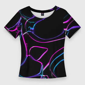 Женская футболка 3D Slim с принтом Неоновые линзы во тьме  Фиолетовый в Екатеринбурге,  |  | abstraction | art | colorful | colors | neon | surrealism | абстракция | арт | искусство | линзы | неон | пузыри | разноцветный | сюрреализм | цвета